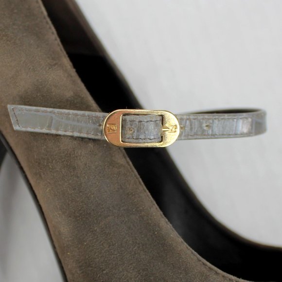 Fendi Olive Suede Croc Platform Pumps Sz 40 Ankle Strap Mary Jane Stiletto Heels - Picture 6 of 14